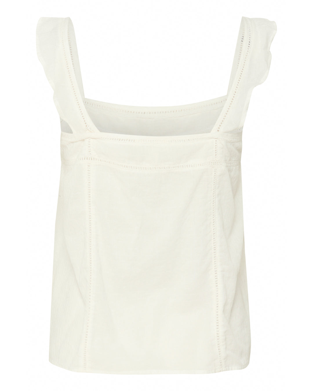 Produktfoto af en hvid AMONA top set bagfra. Bagrund er hvid. Fra BySofieSønderby