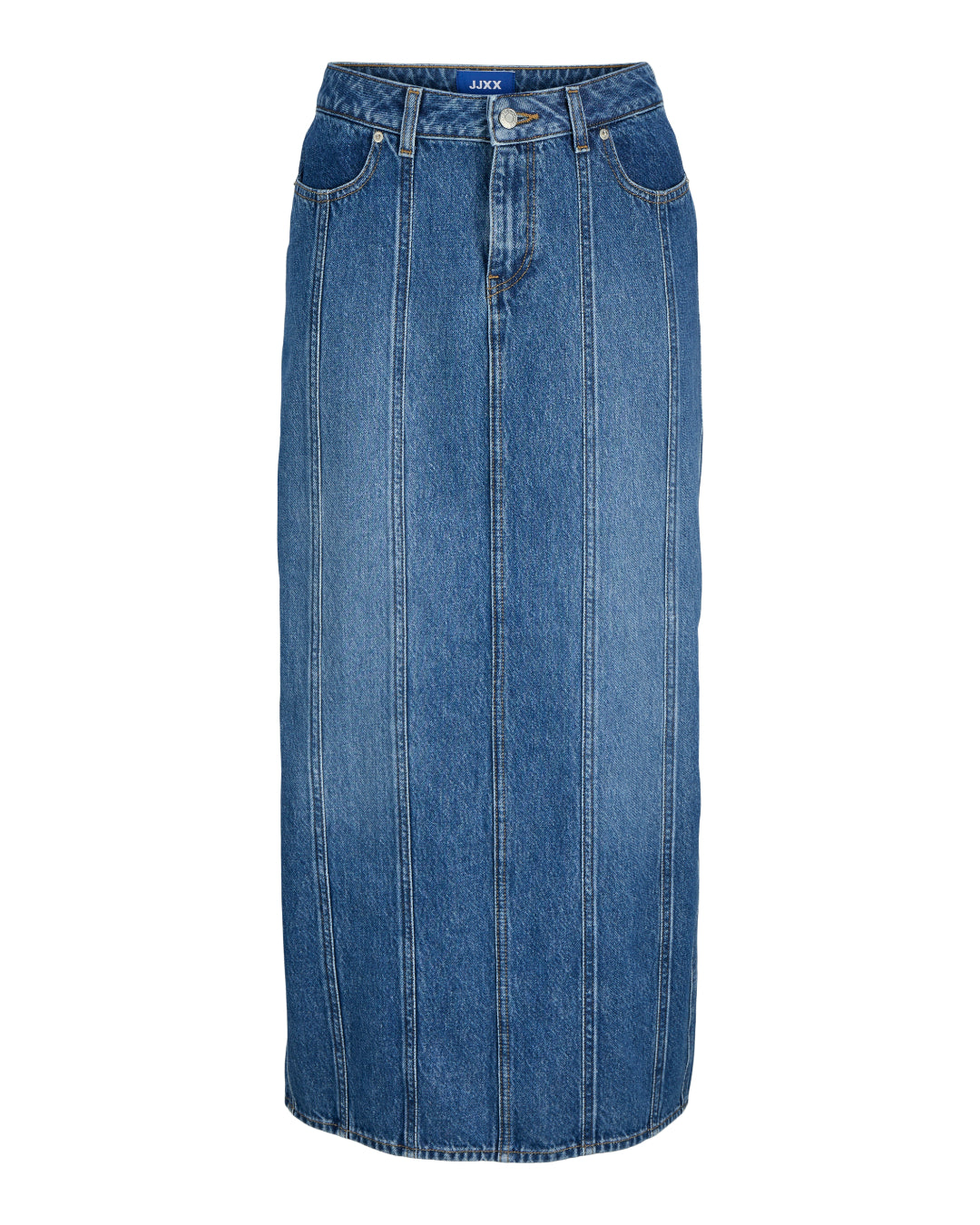 Produktfoto af en blå CANA nederdel i denim set forfra. Bagrund er hvid. Fra BySofieSønderby