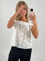 En person i en hvid bluse tager et spejlbillede med en smartphone. Personen rører ved panden med den ene hånd. Baggrunden er enkel og lys.