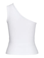 En hvid, asymmetrisk top med én skulderstrop. Toppen er designet i et tætsiddende, ribbet stof, som præsenteres mod en neutral baggrund. Ingen tekst er til stede.