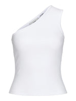 Hvid, ærmeløs top med asymmetrisk skulderudskæring; placeret isoleret mod en ensfarvet baggrund.