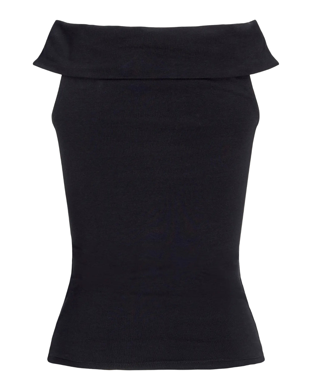Sort, ærmeløs top står alene mod en hvid baggrund. Toppen har en foldet krave, der går rundt om halsen, der giver et stilfuldt og moderne udseende.
