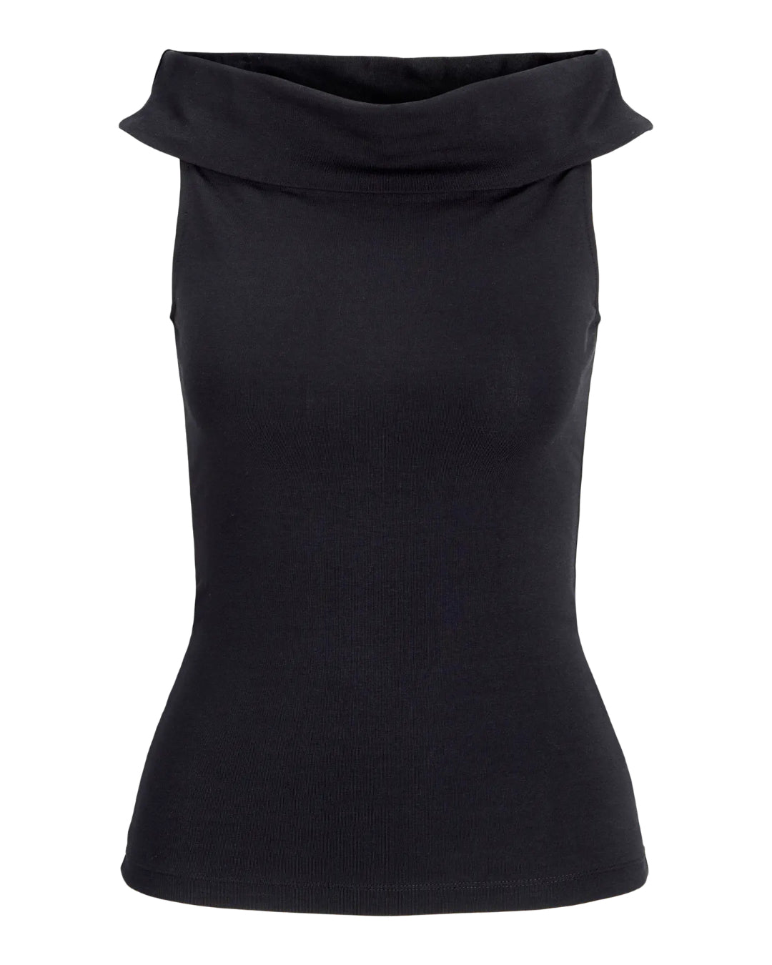 Sort ærmeløs top med høj krave, der står op. Baggrunden er hvid og simpel.