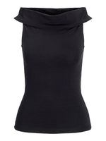 Sort ærmeløs top med høj krave, der står op. Baggrunden er hvid og simpel.