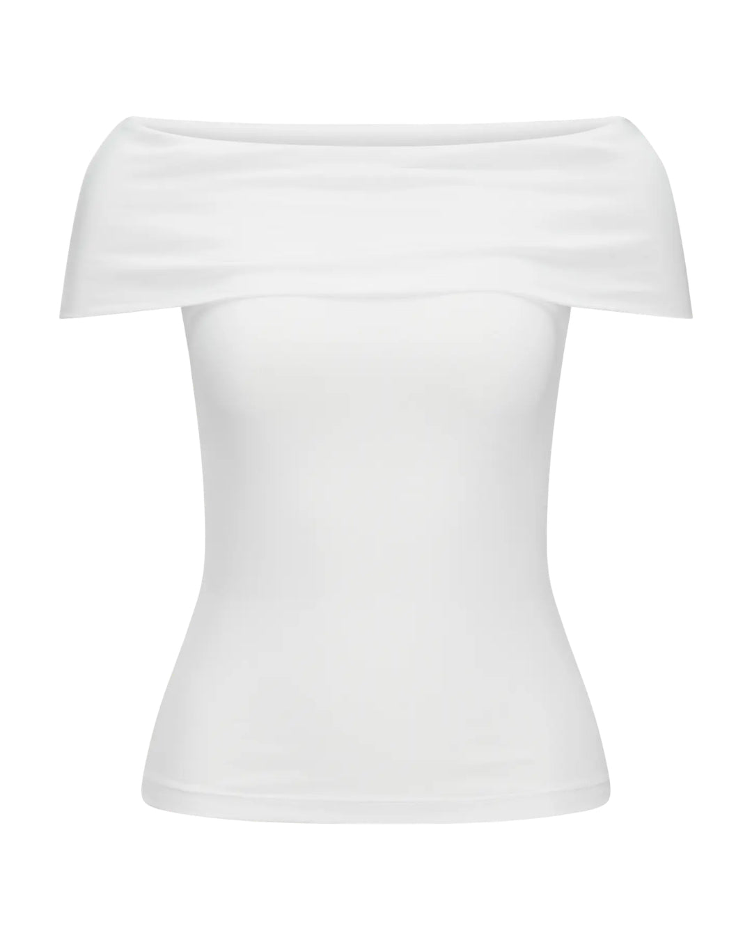 Hvid top uden ærmer med off-shoulder design, ligger fladt i et neutralt studieindstilling uden tekst eller ekstra dekorationer.