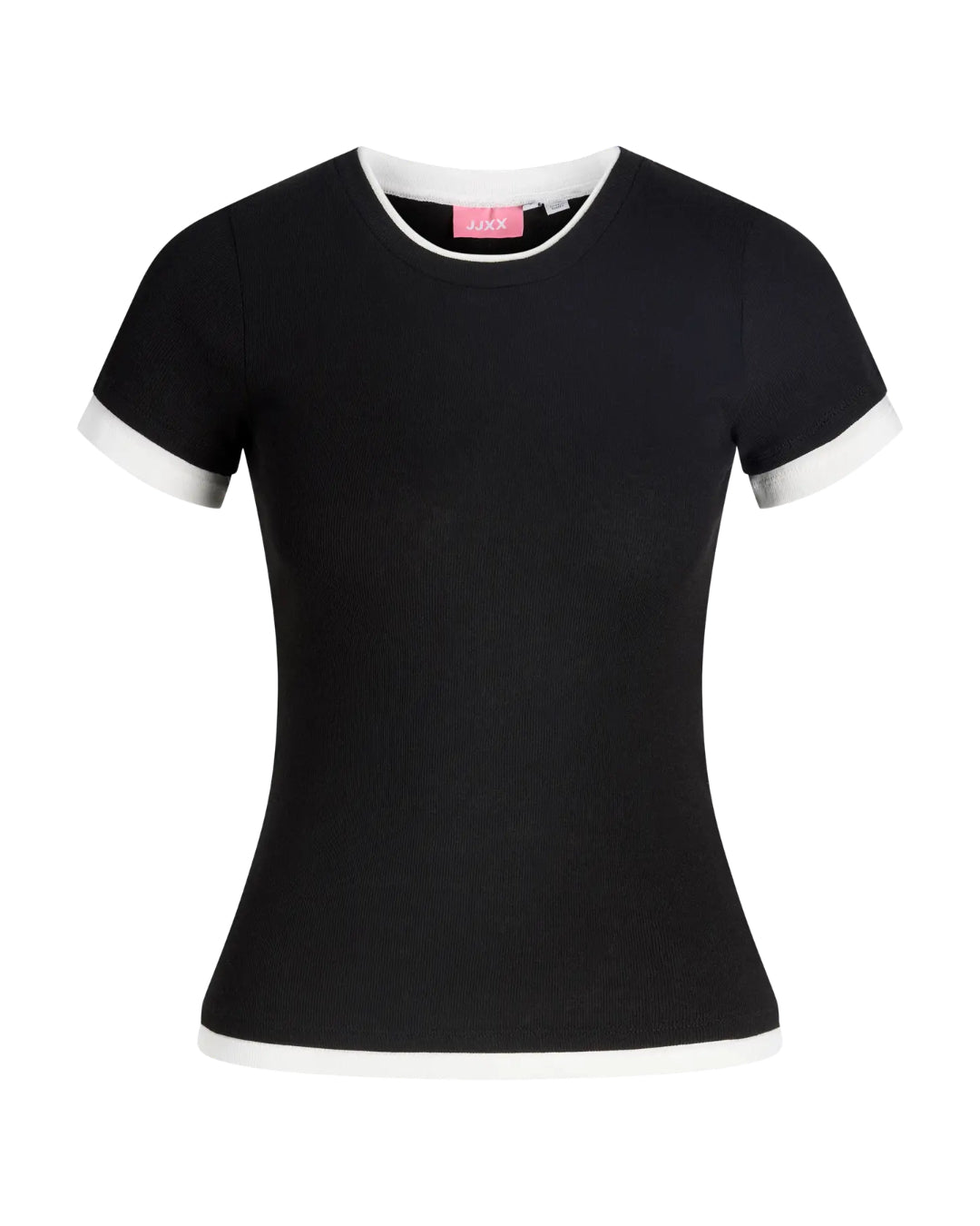 Produktfoto af en Henna t-shirt i sort med hvid kant. Baggrund er hvid. Fra BySofieSønderby