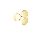 Guldfarvet ring med tre runde skiver placeret side om side, skinner mod en hvid baggrund.