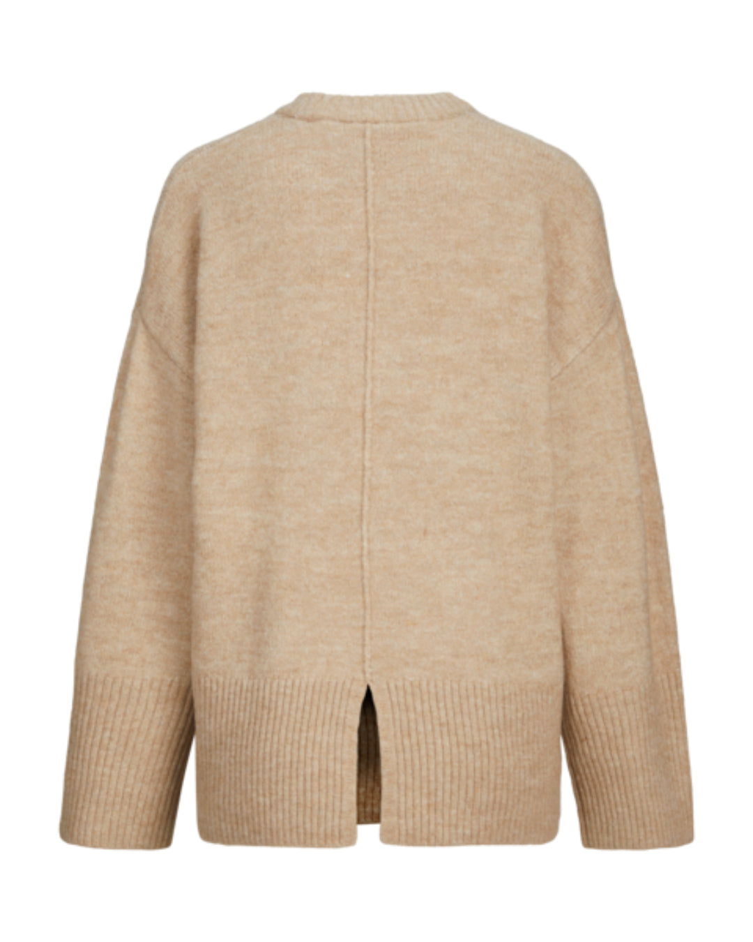 Beige sweater, set i en opretstående position, med ribbede kanter og en central søm bagpå, står mod en neutral hvid baggrund.