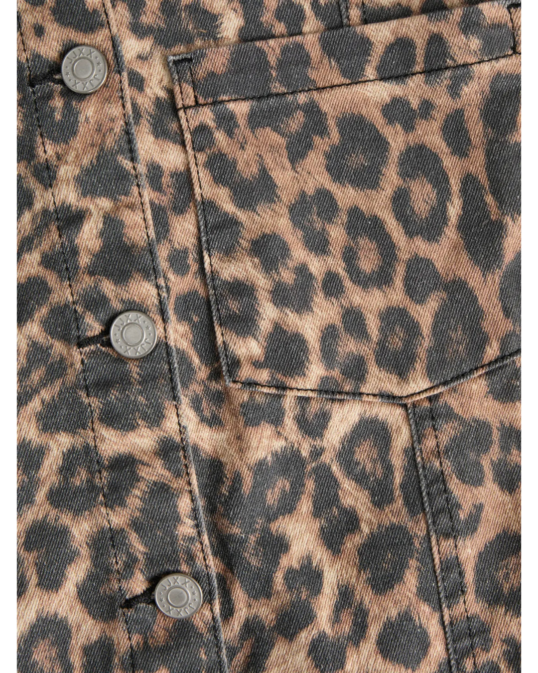 Lynlås og knapper på leopardmønstret stof med lommedetalje, ingen tekst.