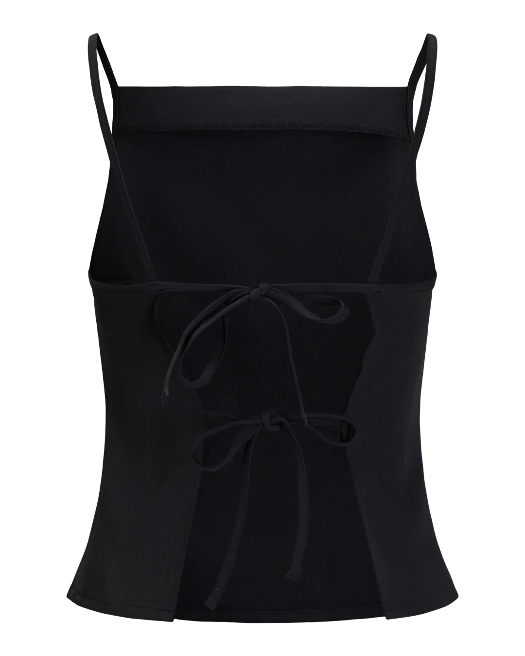 Sort crop top med tynde stropper og to bindebånd foran, placeret mod en hvid baggrund.