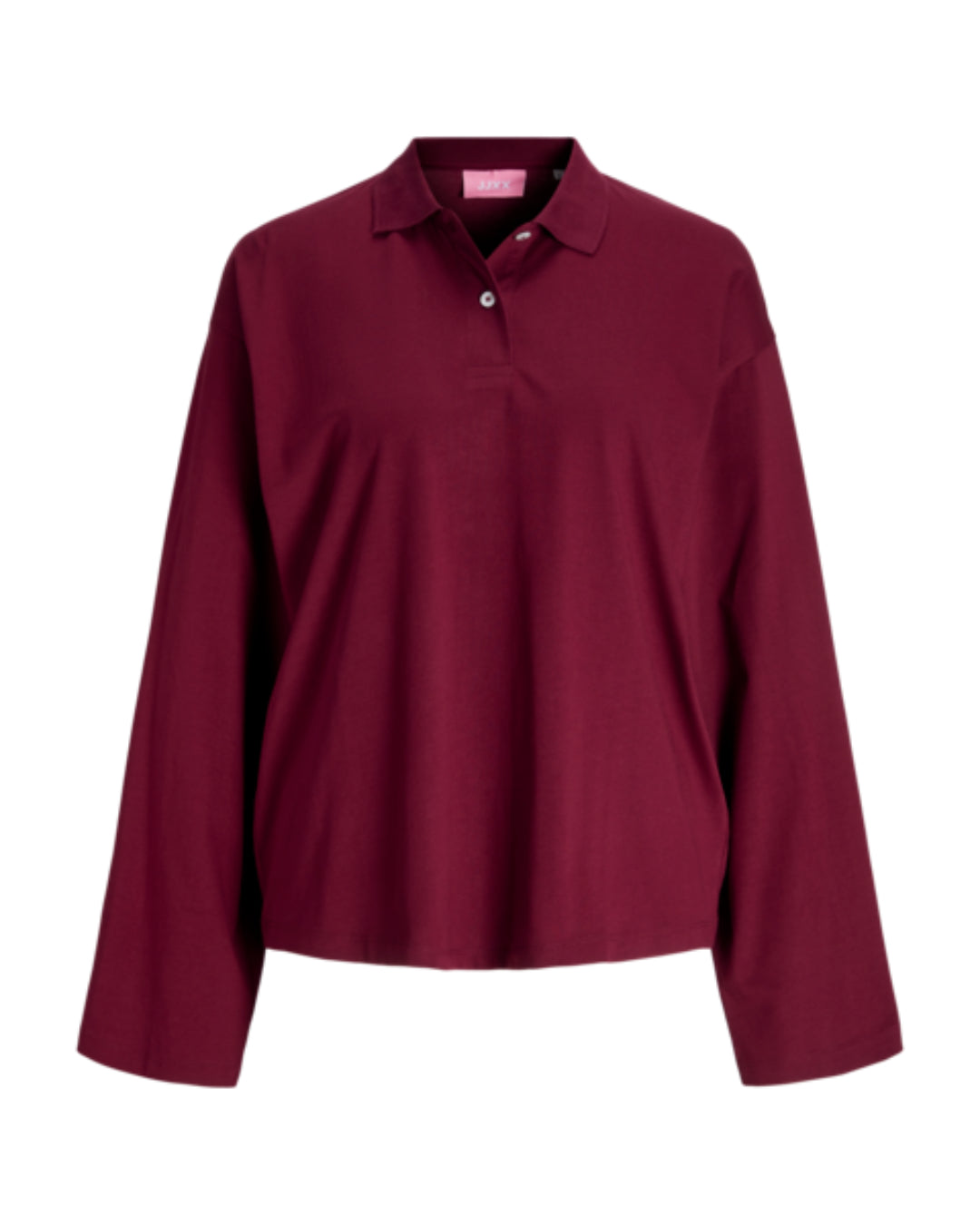 En mørkerød langærmet poloshirt hænger mod en hvid baggrund. Skjorten har en krave og tre knapper. Mærket viser "BRYX" i pink tekst.