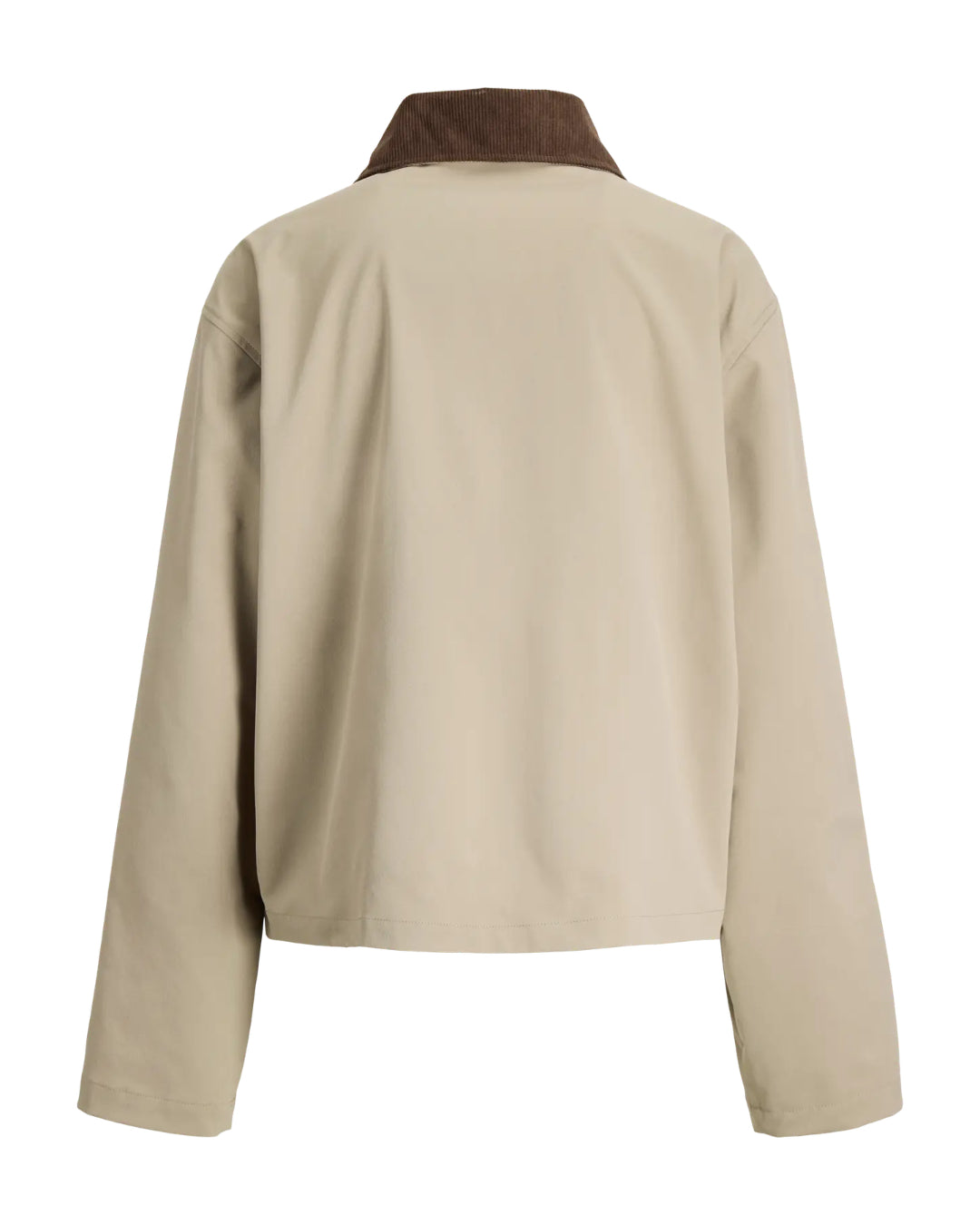 Produktfoto af en Wilma jakke i beige m mørk brun fløjskrave. Baggrund er hvid. Fra By Sofie Sønderby