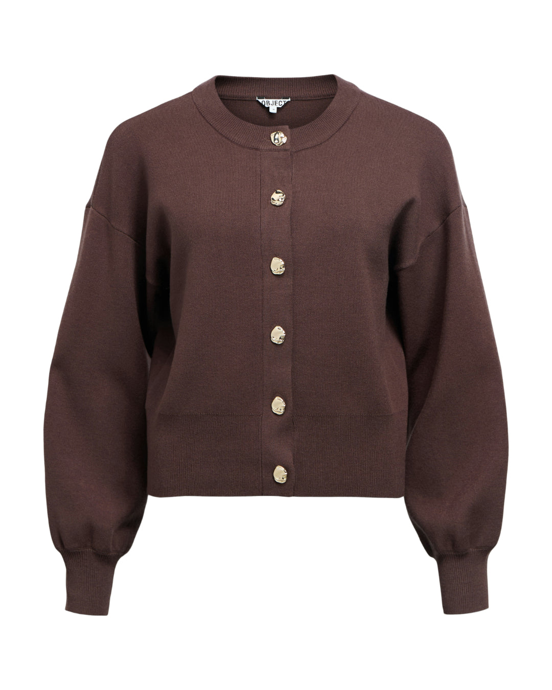 Produktbillede af brun BALIA strik cardigan. Set forfra. Fra BySofieSønderby