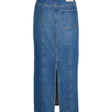 Produktfoto af en blå CANA nederdel i denim set bagfra. Bagrund er hvid. Fra BySofieSønderby
