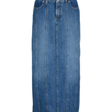 Produktfoto af en blå CANA nederdel i denim set forfra. Bagrund er hvid. Fra BySofieSønderby