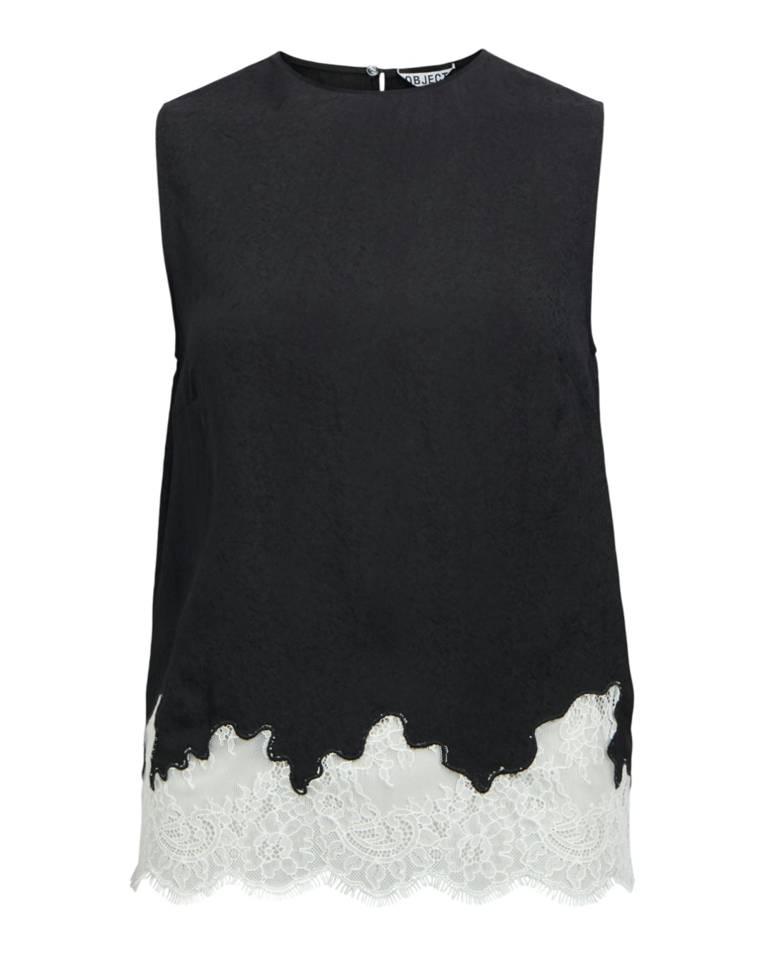 Produktbillede af sort DALME top med hvide blonder. Set forfra. Fra BySofieSønderby