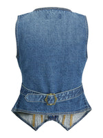 Produktbillede af blå denim FAIZA vest. Set bagfra. BySofieSønderby.