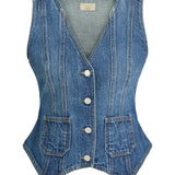 Produktbillede af blå denim FAIZA vest. Set forfra. BySofieSønderby.