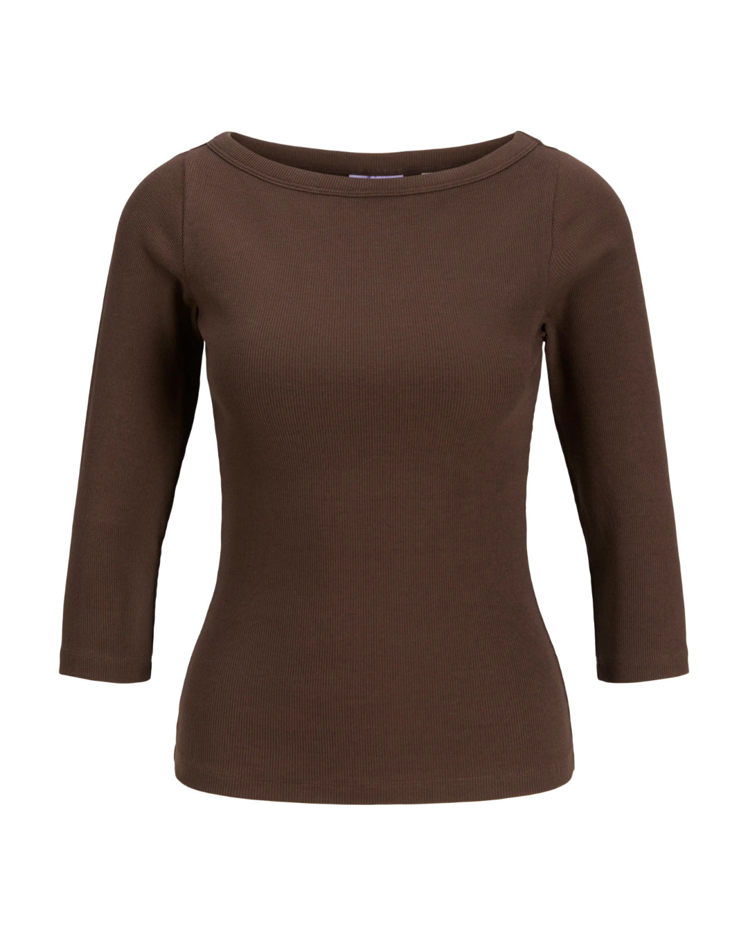 Produktbillede af brun FIFI boatneck top med 3/4 ærmer. Set forfra. Fra BySofieSønderby