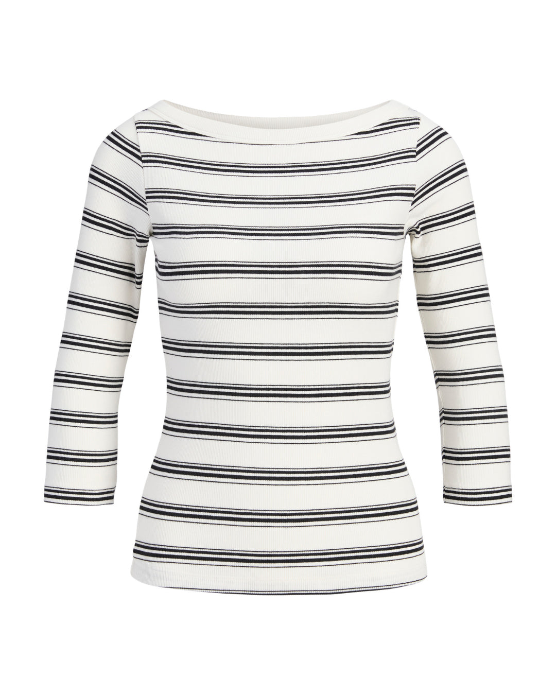 Produktbillede af hvid og sort stribet FIFI boatneck top. Set forfra. Fra BySofieSønderby