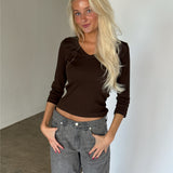 FIFI v-hals bluse 3/4 ærme, brun