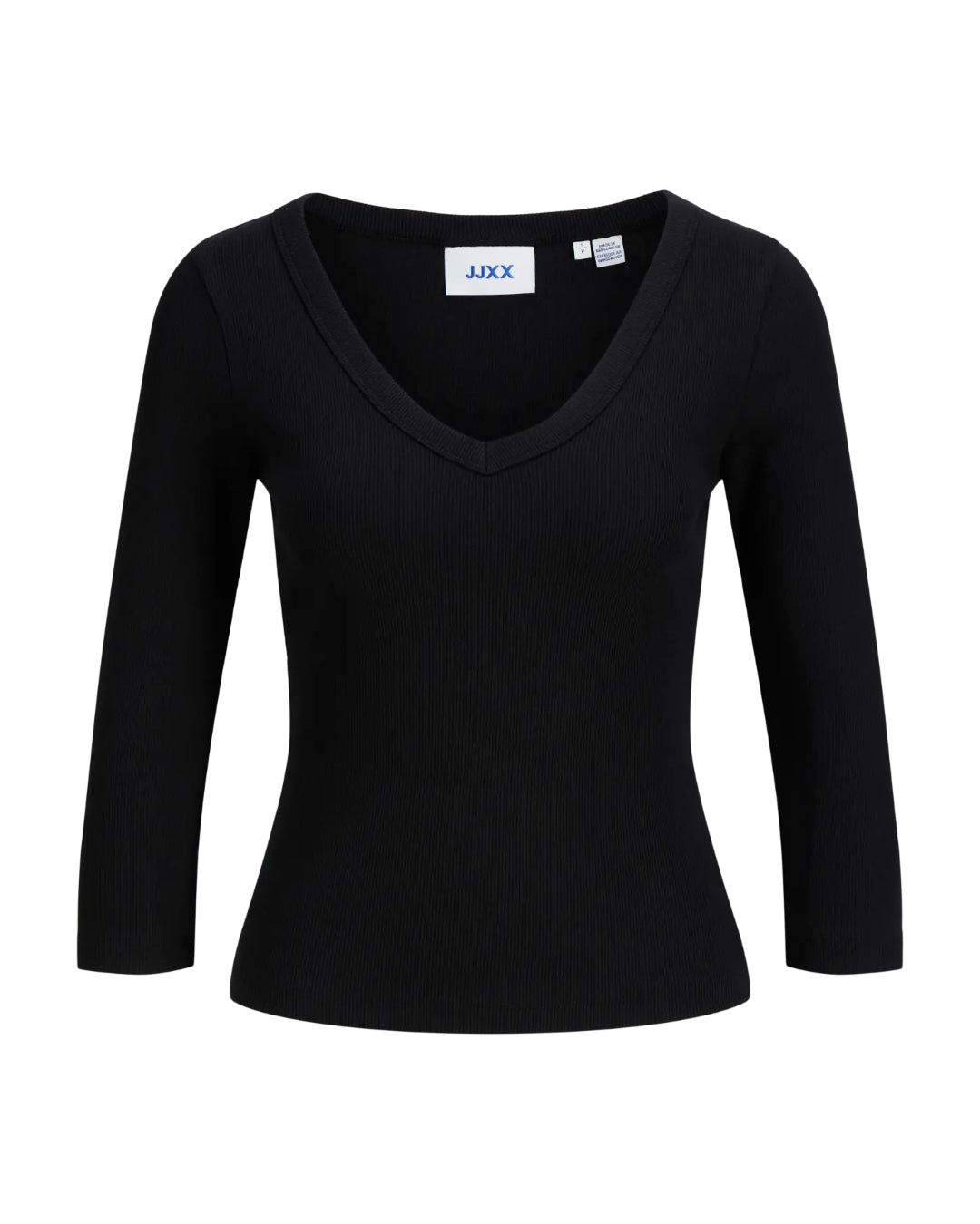Produktfoto af FIFI v-hals bluse 3/4 ærme, sort. Baggrund er hvid. Fra BySofieSønderby