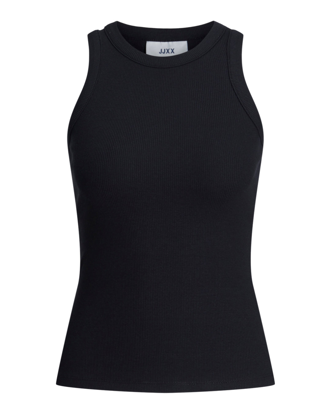 Sort tanktop uden ærmer står stilfuldt under belysning; mærket "JJXX" vises på en hvid etiket.