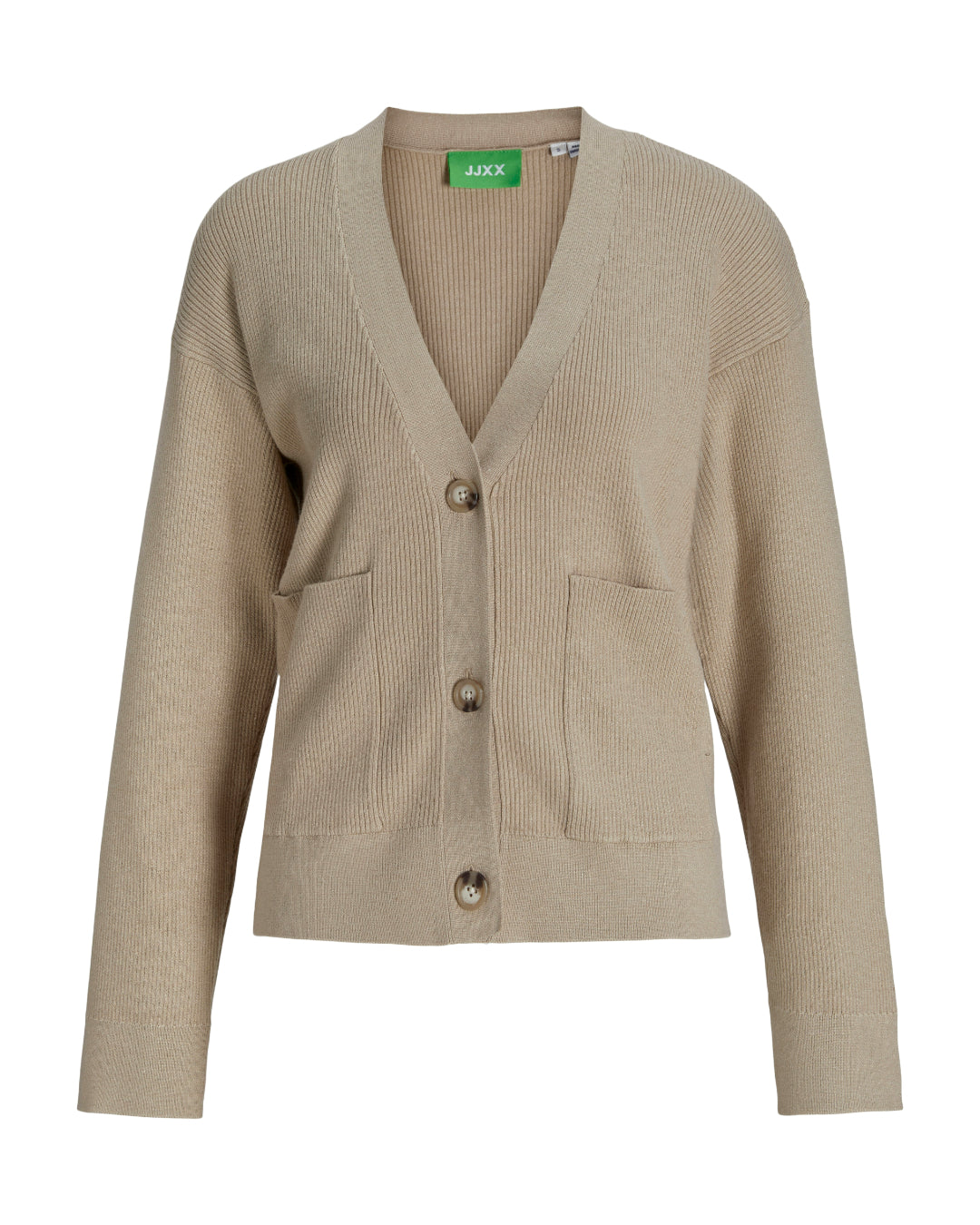 Produktfoto af beige Franciska cardigan med knapper. På hvid baggrund. Fra BySofieSønderby