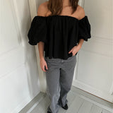 LEANNA off shoulder bluse, sort