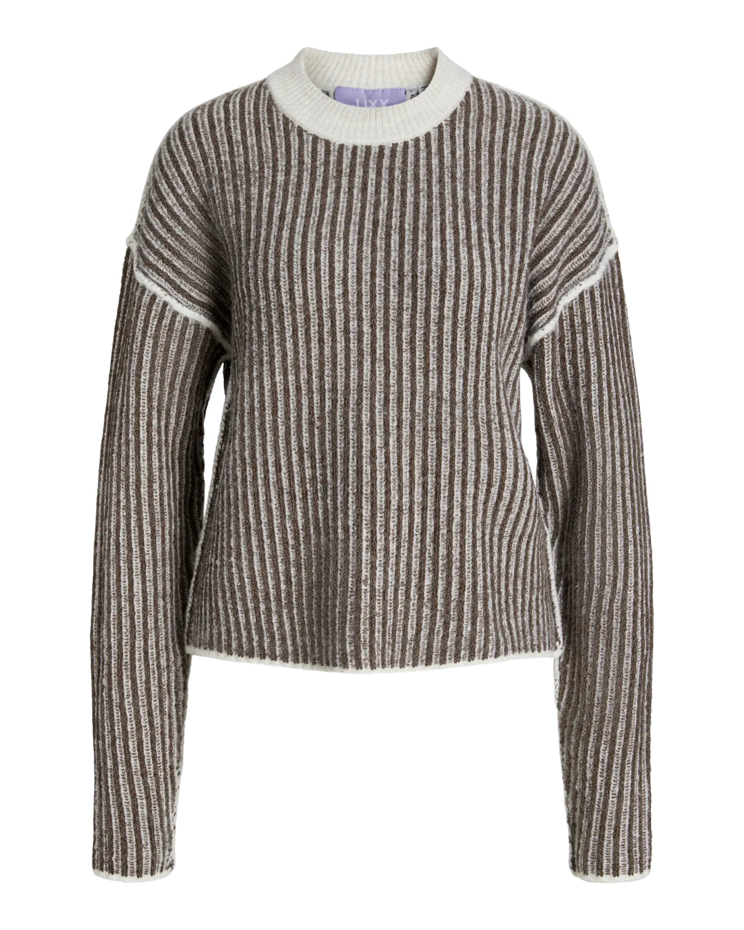 Produktbillede af brun-hvid MAGHNA striktrøje. Set forfra. Fra BySofieSønderby.