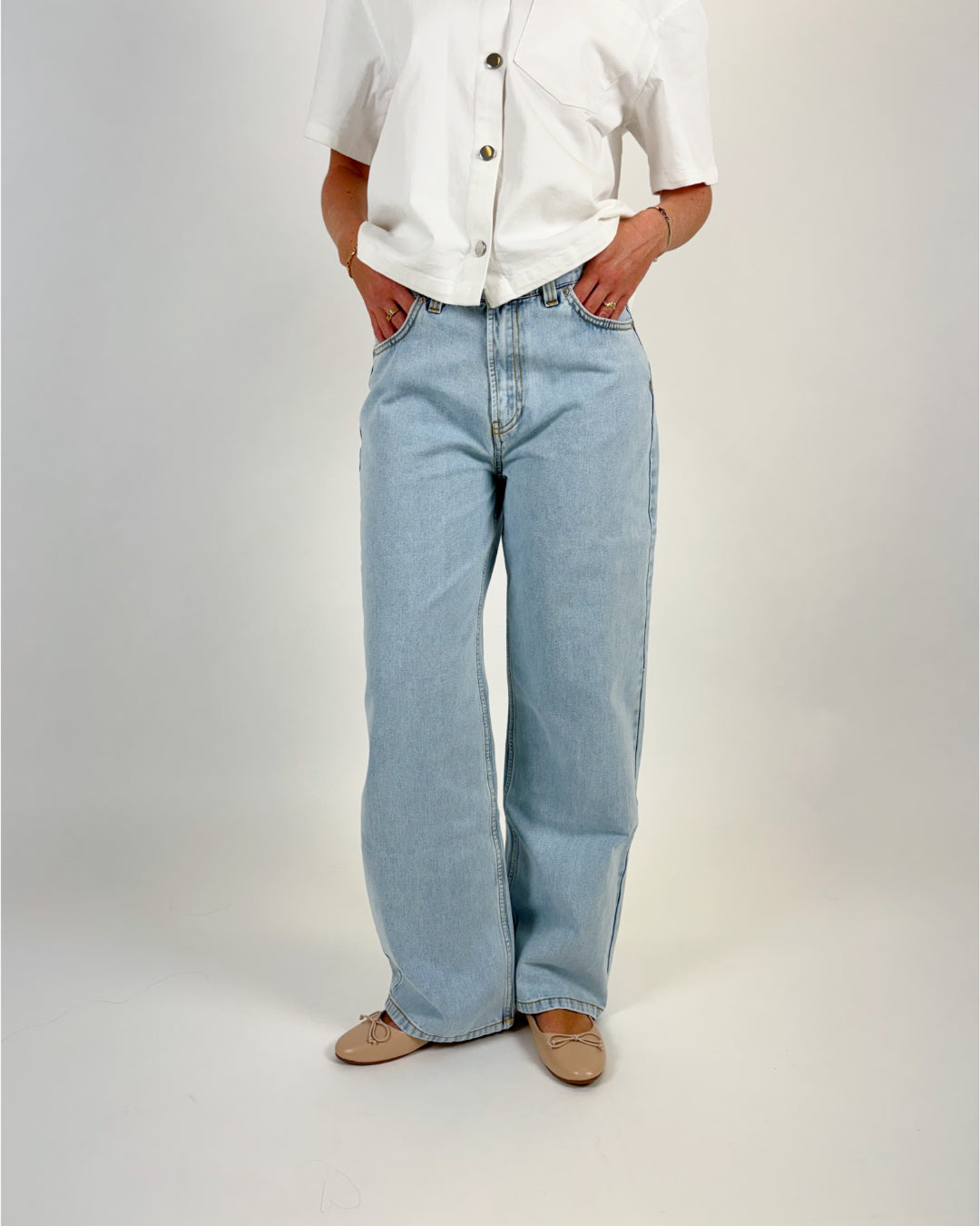 En person står iført lyseblå jeans og en hvid skjorte med korte ærmer og knapper. Personen har hænderne i lommerne i et neutralt miljø. Ingen tekst er til stede.