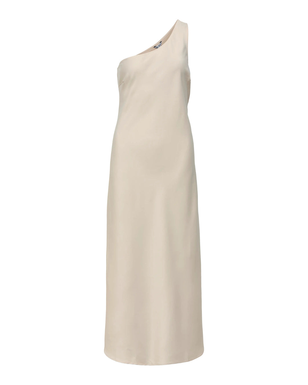 Produktbillede af beige NAT oneshoulder kjole. Set forfra. Fra BySofieSønderby