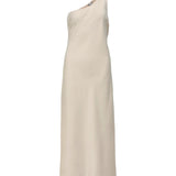 Produktbillede af beige NAT oneshoulder kjole. Set forfra. Fra BySofieSønderby