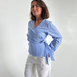 Modelfoto af pige som bærer en slå-om skjorte i lyseblå med striber, samt et par hvide Nanna jeans. Baggrund hvid. Alt fra By Sofie Sønderby