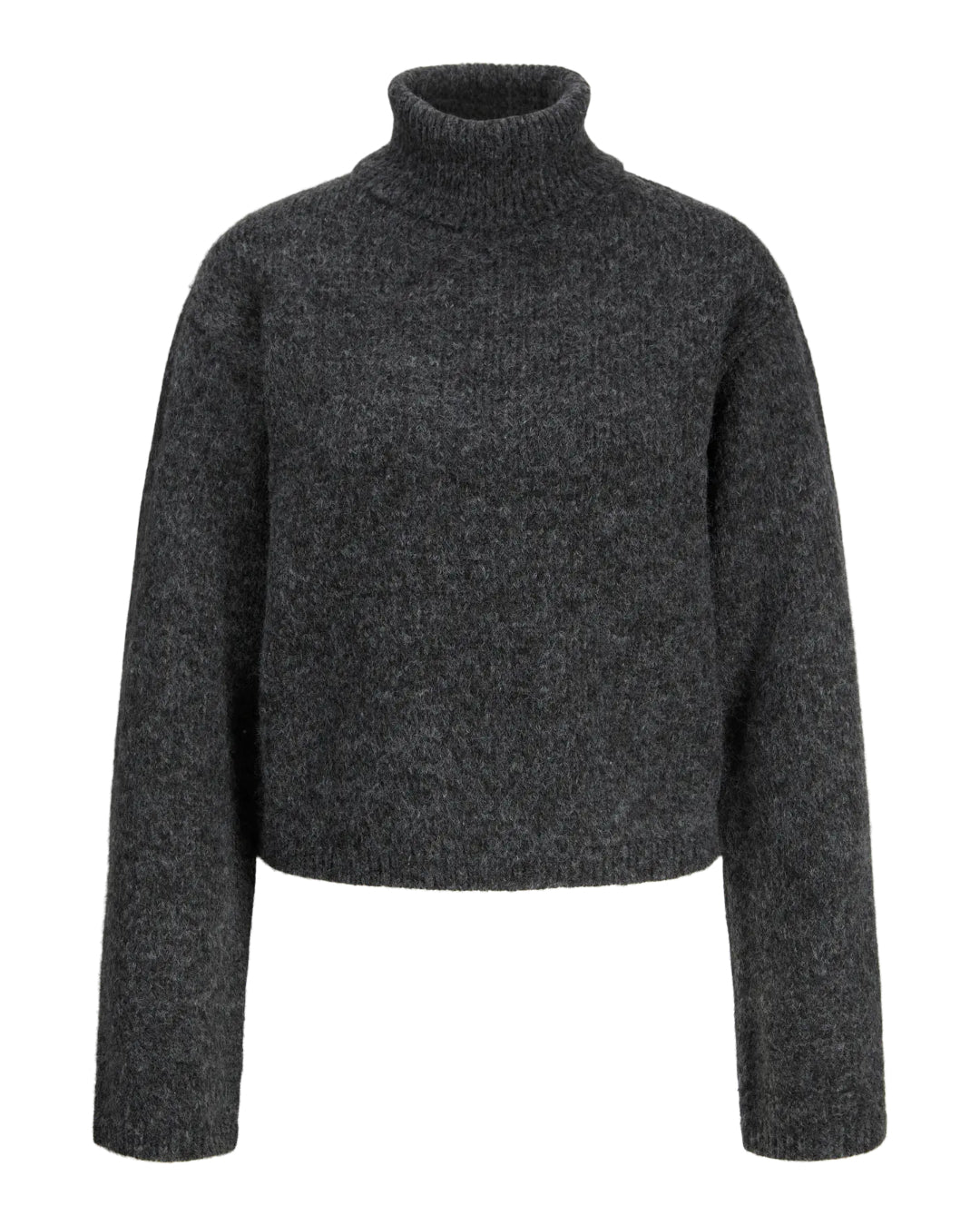 Produktbillede af grå ROSANNA striktrøje med rullekrave, set forfra. Fra BySofieSønderby.