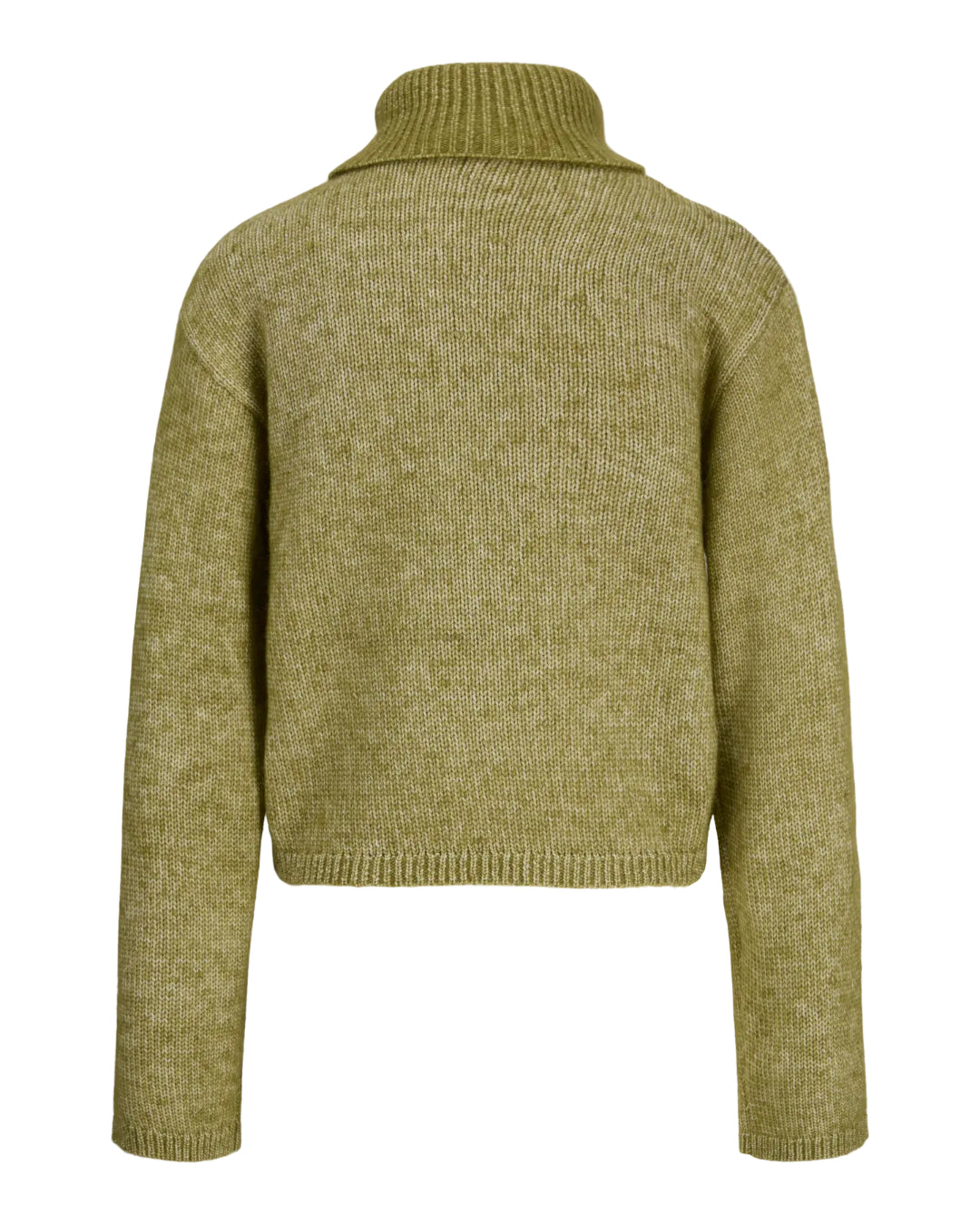 Produktbillede af grøn ROSANNA striktrøje med rullekrave, set bagfra. Fra BySofieSønderby.