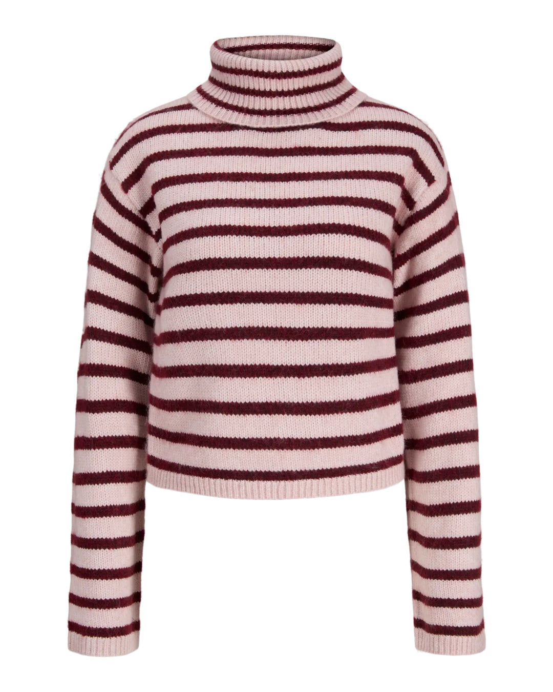 Produktbillede af rødstribet ROSANNA striktrøje med rullekrave, set forfra. Fra BySofieSønderby.