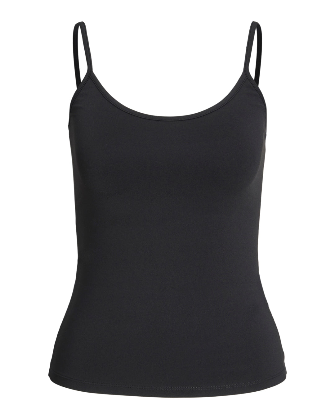 Sort tanktop med tynde stropper hænger stille; baggrunden er hvid og enkel, fremhæver tøjets glatte stof og enkle design. Der er ingen tekst på billedet.