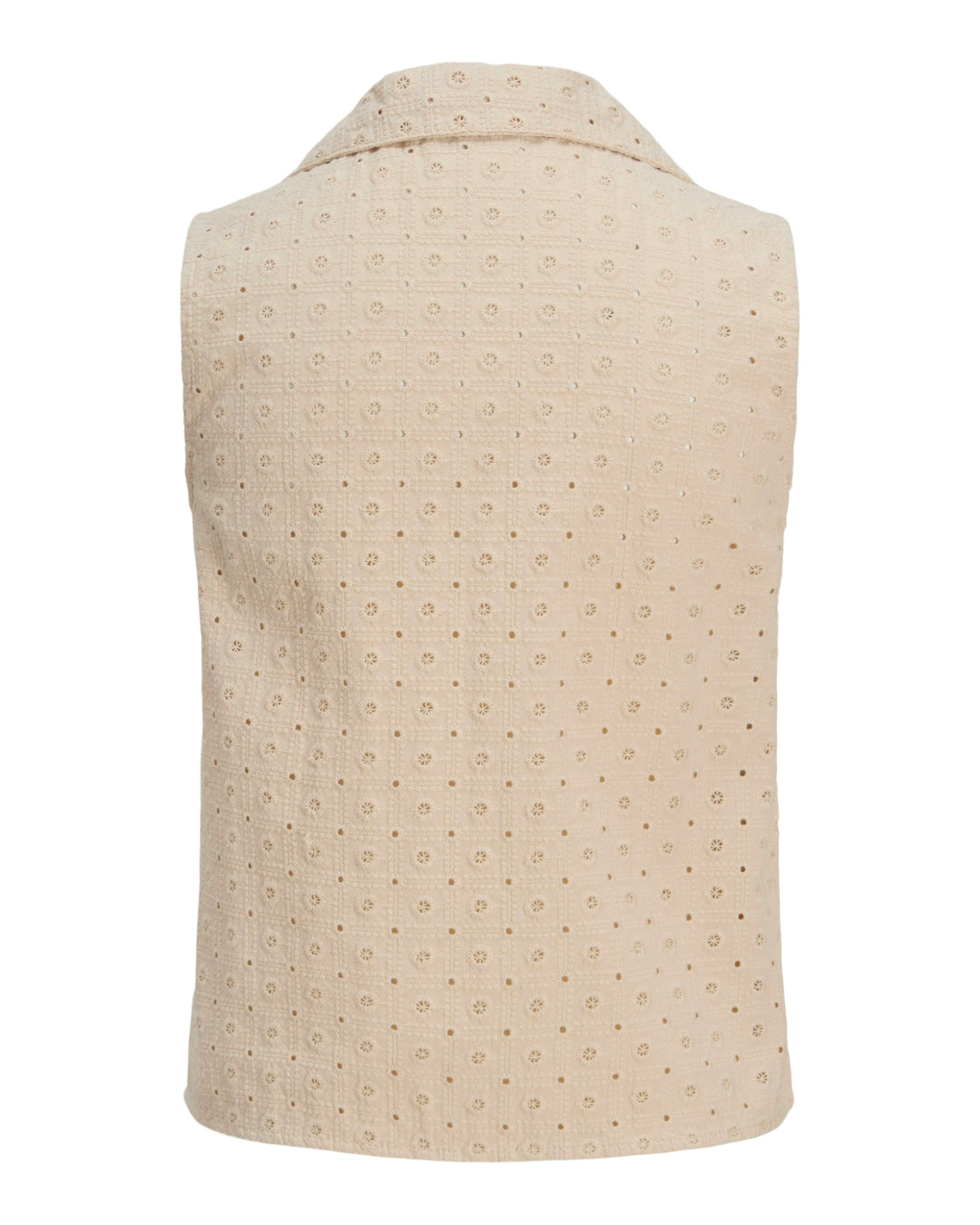 Vest i beige farve med små, runde mønstre. Vestens bagside er enkel med en krave, som står uden synlig aktivitet. Baggrunden er helt hvid og ensfarvet.