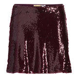 Produktbillede af bordeaux SIA nederdel med pailletter. Set forfra. Fra BySofieSønderby.