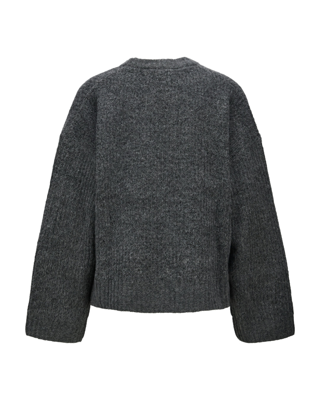 Produktbillede af grå SIGGA striktrøje. Set bagfra. Fra BySofieSønderby.