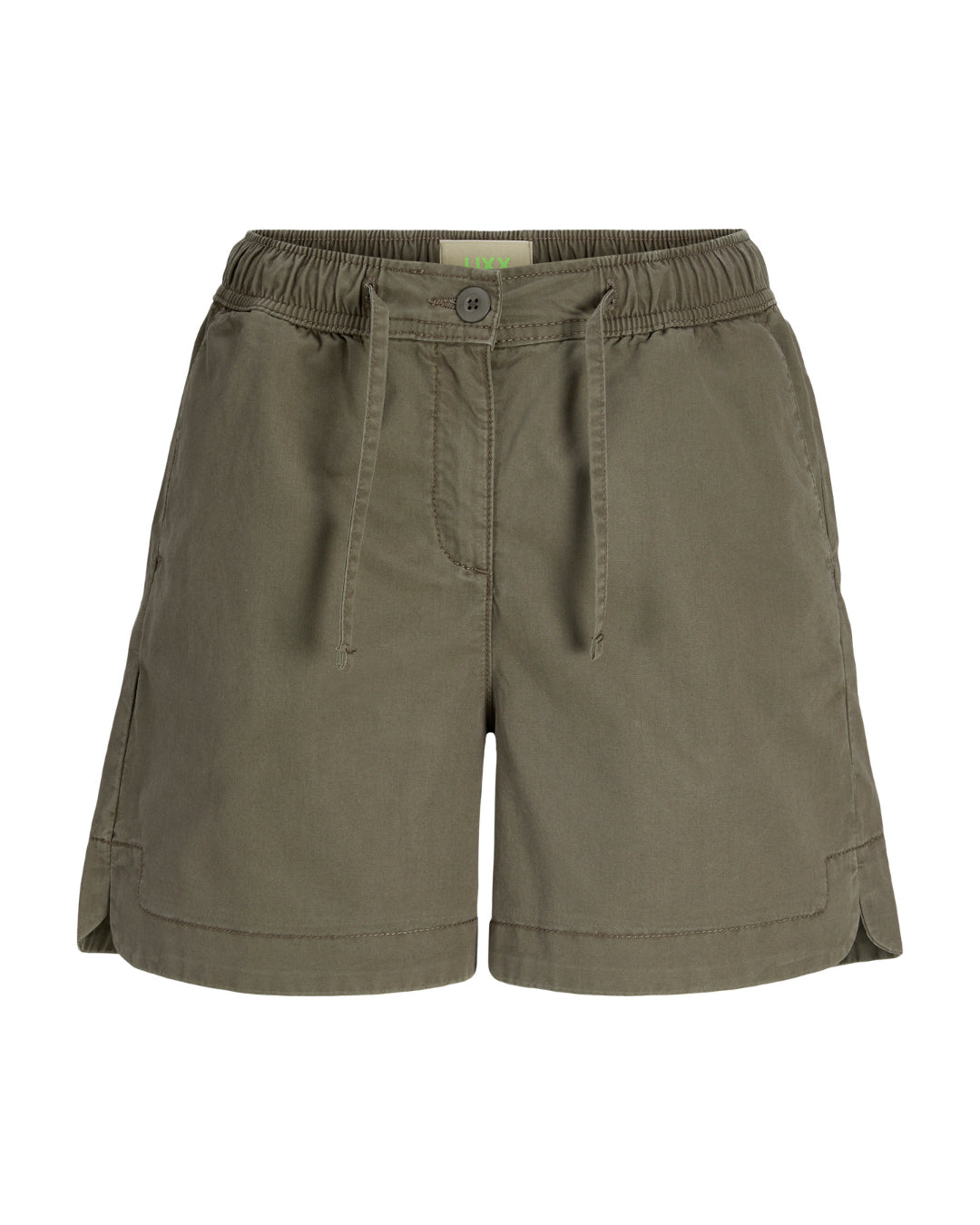 Produktbillede af kaki farvede SKY shorts. Set forfra. Fra BySofieSønderby