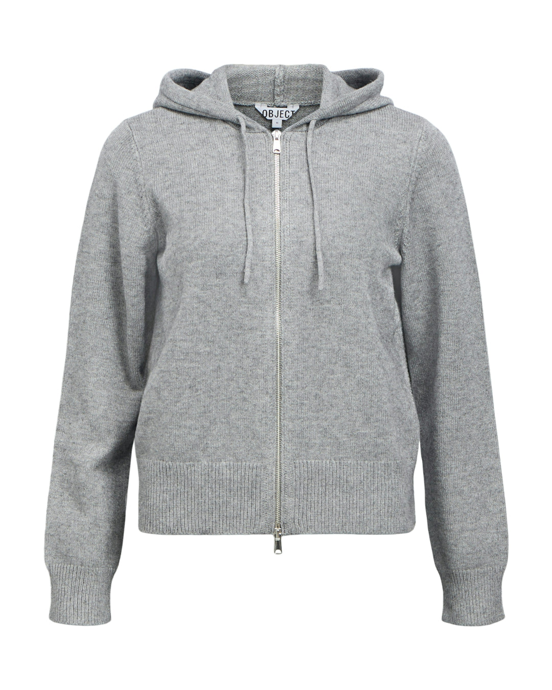 Produktbillede af grå THESS strik ziphoodie. Set forfra. Fra BySofieSønderby.