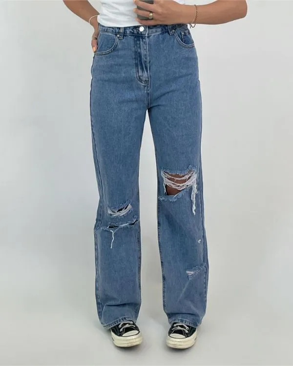 Påvirke tør bælte ANYA straight jeans, lyseblå m/huller - BySofieSønderby